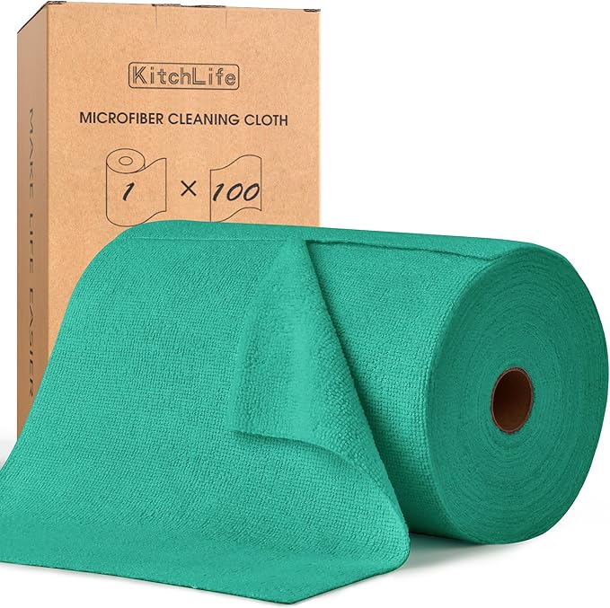 KitchLife Microfiber Cleaning Cloth Roll, 100 Pack - Tear-Away Microfiber Paper Towels, Lint-Free, Reusable, Washable for Kitchen, Car, Dishes, and Sensitive Surfaces (Forest Green)