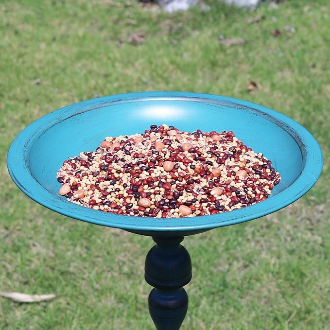 26.6”H×12.3" W Cast Iron Pedestal Bird Bath，Metal Birdbaths Bird Feeder Seed Tray for Garden Yard Decor -Blue.