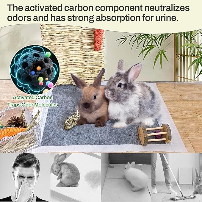 kathson 100Pcs Rabbit Pee Pads, 18" x13" Disposable Rabbit Diapers, Odor Control Pet Toilet Training Pads, Super Absorbent Charcoal Pet Disposable Diaper for Bunny, Hedgehogs, Hamsters, Chinchillas