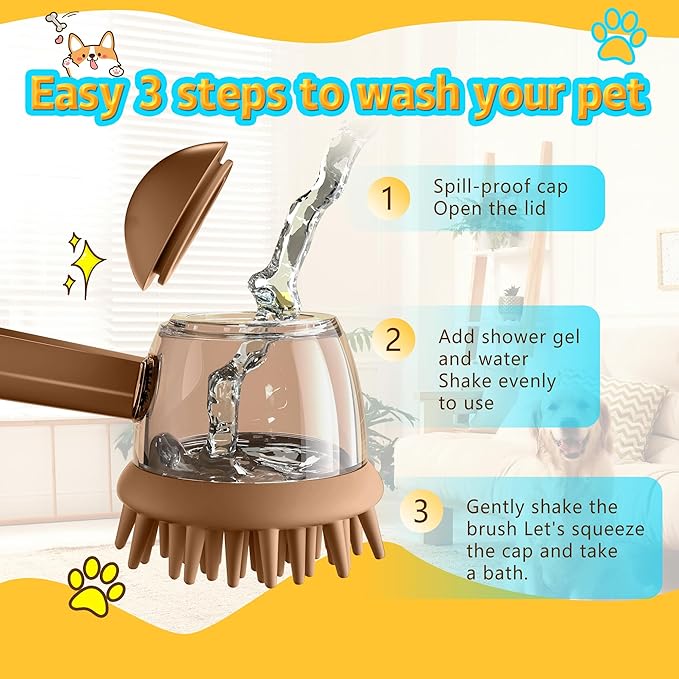 Pet Bath Brush for Dogs & Cats - Grooming Brush with Built-in Shampoo Dispenser - Massage Wash Brush for Long & Short Hair(Brown)