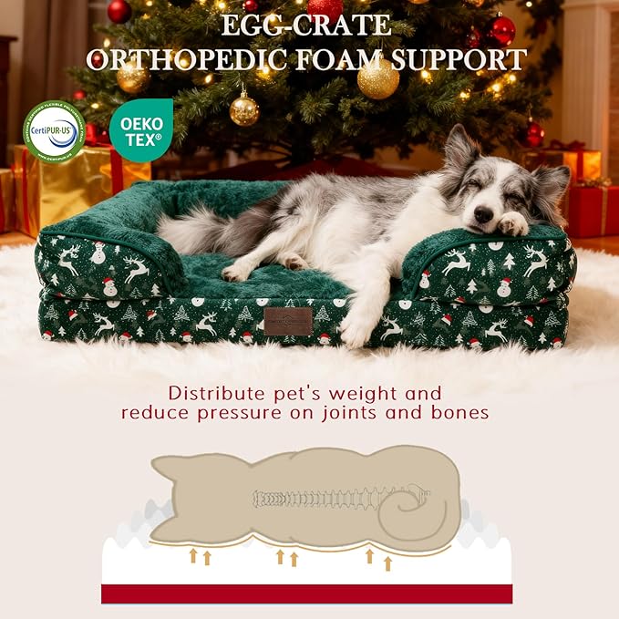 Comfort Expression Orthopedic Dog Bed for Extra Large Dogs 42x30 Inch, Waterproof Egg Crate Foam XL Pet Bed with Removable Bolsters, Dog Couch with Washable Cover & Non-Slip Bottom, Christmas Green