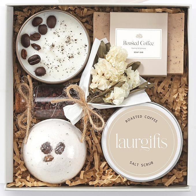 Coffee Spa Box for Women – Small Relaxing Self Care Basket with Coffee Scented Candle, Bath Bomb, Soap & Salt Scrub – Thoughtful Birthday, Thank You, Housewarming or Christmas Gift for Her