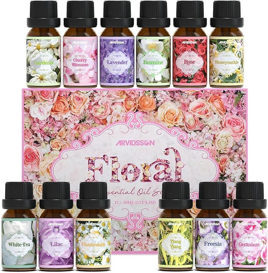 Floral Essential Oils Set, ARVIDSSON Natural Flower Essential Oil for Diffuser, Fragrance Oils for Candle Making, Lavender, Rose, Cherry Blossom, Jasmine, Gardenia and More, Gift for Women