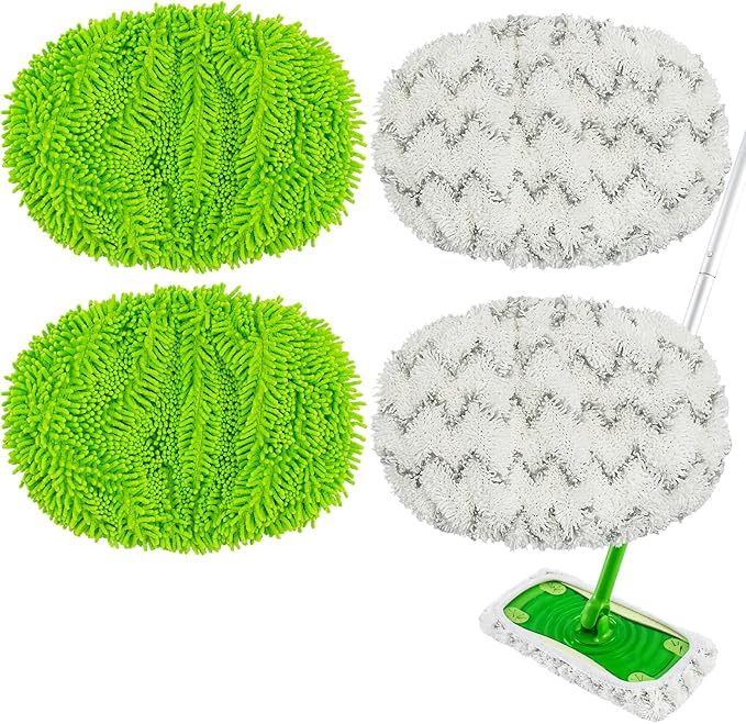 4 Pack Reusable Mop Pads Compatible with Swiffer Sweeper Mop,Wet Pads Refill & Dry Sweeping Cloths,Chenille & Microfiber Refill Pads for Wood Floor Cleaning,Washable Wet Mopping Cloths,Green & Gray