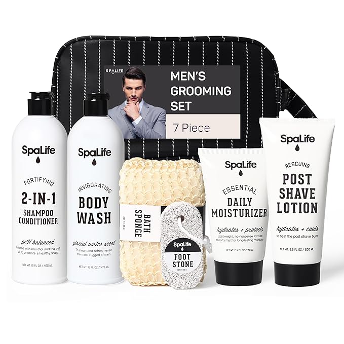SpaLife 7-Piece Men's Body Care Gift Set | Mens Gift Set with 2-in-1 Shampoo & Conditioner, Body Wash, Moisturizer, Post-Shave Lotion, Sponge & Foot Stone | Christmas Gifts for Men | 7-Piece Bundle