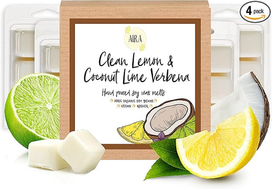 Aira Soy Wax Melt Variety Pack - Organic, Vegan, Kosher, Scented Soy Wax Cubes w/Essential Oils - No Chemical 100% Soy Wax Melts for Melters - Hand Poured - Clean Lemon & Coconut Lime - 4 Pack