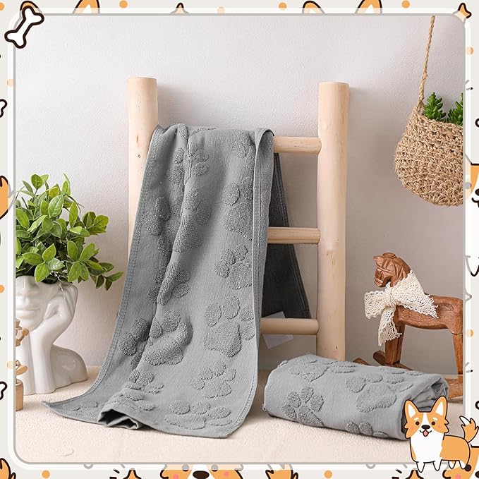 2 Pcs 3D Dog Paw Hand Towels for Bathroom, Cute Gray Dog Paw Jacquard Weave 100% Cotton Absorbent Decorative Towels for Bathroom Kitchen Decor Gift, 13.7 x 29.5 Inch