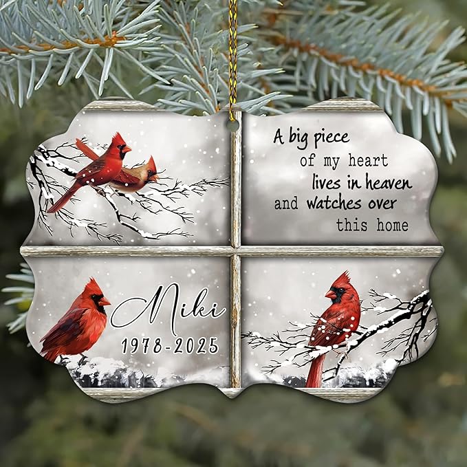 HYTURTLE Personalized Memorial Sympathy Christmas Ornament Tree Decor Gifts for Family Loss of Loved One Mom Dad - Cardinal Piece of Heart in Heaven Custom Name Aluminium Ornament