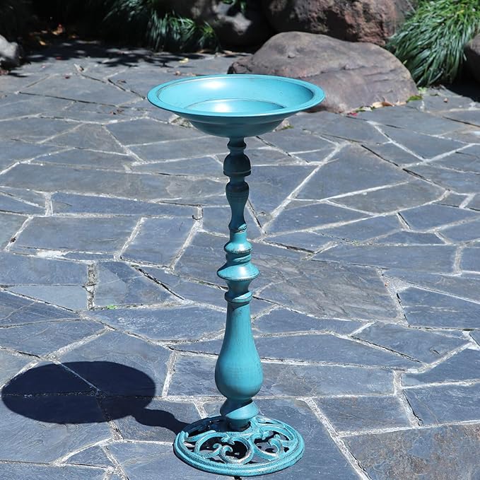 26.6”H×12.3" W Cast Iron Pedestal Bird Bath，Metal Birdbaths Bird Feeder Seed Tray for Garden Yard Decor -Blue.