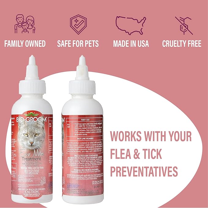 Bio-Groom Ear Mite Treatment - Dog Ear Infection Treatment, Cruelty-Free, Made in USA, Dog Ear Drops, Gentle Wax Remover, Ear Cleaner for Dogs and Cats - 4 fl oz 1-Pack