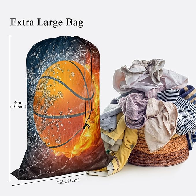Swono Travel Laundry Bag, Basketball Ball In Fire Water Sport Spark Lightening Game Machine Washable Dirty Clothes Organizer, Large Enough to Hold 4 Loads of Laundry, Easy Fit a Laundry Hamper or