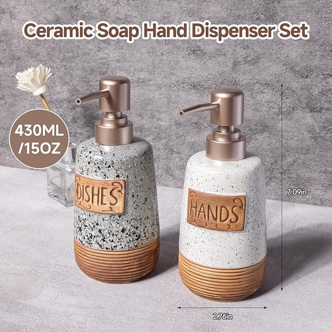 Hand and Dish Soap Dispenser Set, Farmhouse Ceramic Soap Dispenser for Kitchen Sink, 15 OZ Vintage Hand Wash Liquid Dispenser for Bathroom Farmhouse Modern Kitchen Decor Accessories