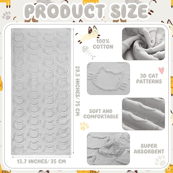 2 Pcs Cat Hand Towels for Bathroom, Cute Gray Kitty Face Jacquard Weave 100% Cotton Absorbent Decorative Towels for Bathroom Kitchen Decor Gift, 13.7 x 29.5 Inch