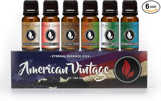 Eternal Essence Oils American Vintage Set of 6 Premium Fragrance Oils - Sandalwood Vanilla, Frankincense & Rain, Cardamom Cedar Blossom, Aspen Grass, Warm Rustic Woods, and Barbershop 1920-10ML