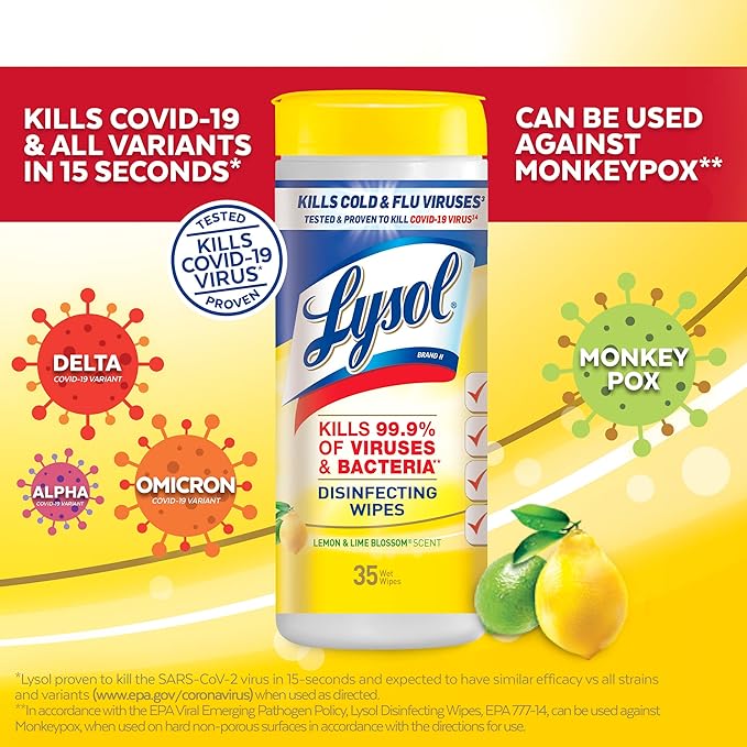 Lysol Disinfectant Wipes, Multi-Surface Antibacterial Cleaning Wipes, Dorm Room Essentials For Disinfecting and Cleaning, Lemon and Lime Blossom, 35 Count (Pack of 3)
