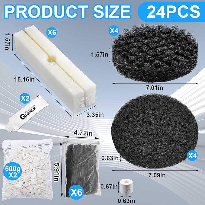 18 Pcs Replacement Filter Media Kit Compatible with Fluval Fx4/fx5/fx6 Aquarium Filters Including Biological-Foam Pads, Biological-Foam Block, Media, Carbon Foam Pad, Silicone Lube