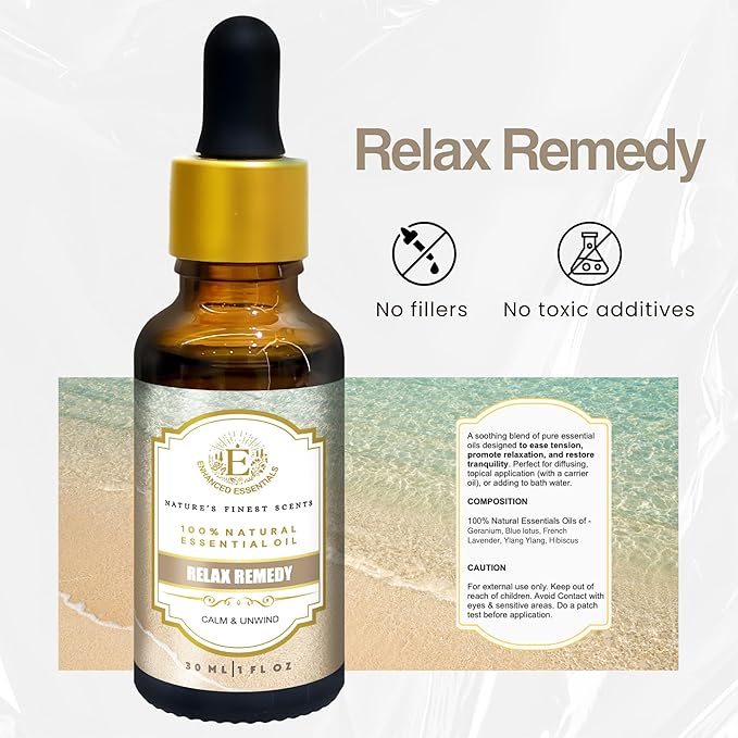 Relax Remedy Essential Oil Blend by Enhanced Essentials|Slow-Distilled French Lavender, Ylang Ylang, Geranium, Hibiscus & Blue Lotus | Emotional Calm, Mood Harmony & Deep Relaxation |1 fl oz (30 ml)