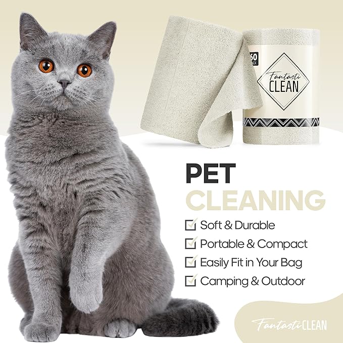 Fantasticlean Microfiber Cleaning Cloth Roll 4 Rolls 240 Pack, Tear Away Paperless Towels, 8" x 8", Reusable Washable Rags, Home Kitchen, Pet, Office, Indoor Outdoor, Compact and Portable (Off-White)