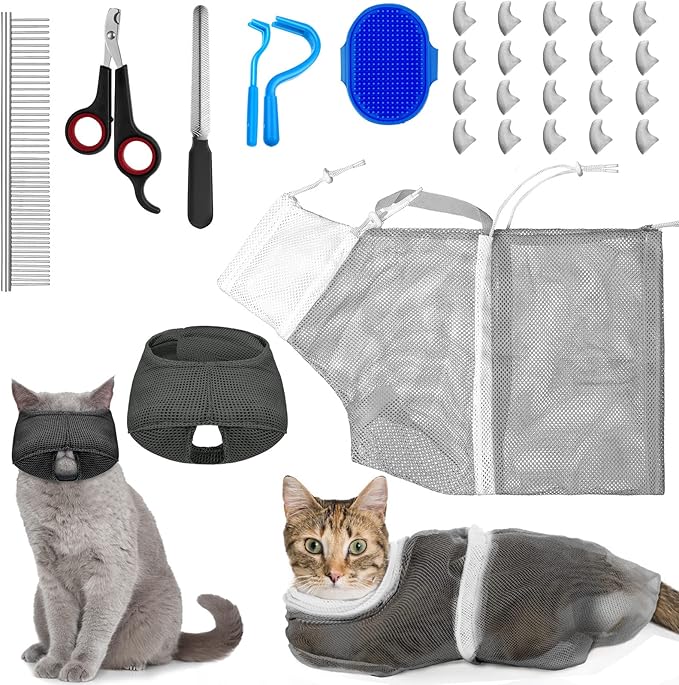 9 Pcs Cat Bathing Bag Set Cat Shower Bag Anti Bite and Scratch for Pet Grooming Washing Brush Comb Muzzle Nail Clipper Nail File Tick Tool(Blue, Gray)