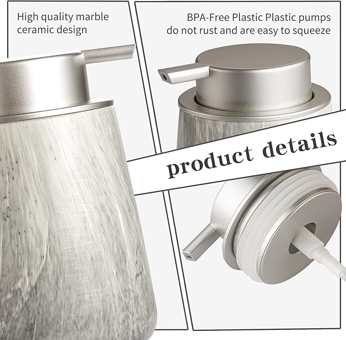 Enra Ceramic Hand Soap Dispenser,12 oz Gray Lotion Dispenser Bathroom Liquid Refillable Dish Soap Dispenser for Bathroom Kitchen with Easy-to-Press Pump (Gray Liquid Type)