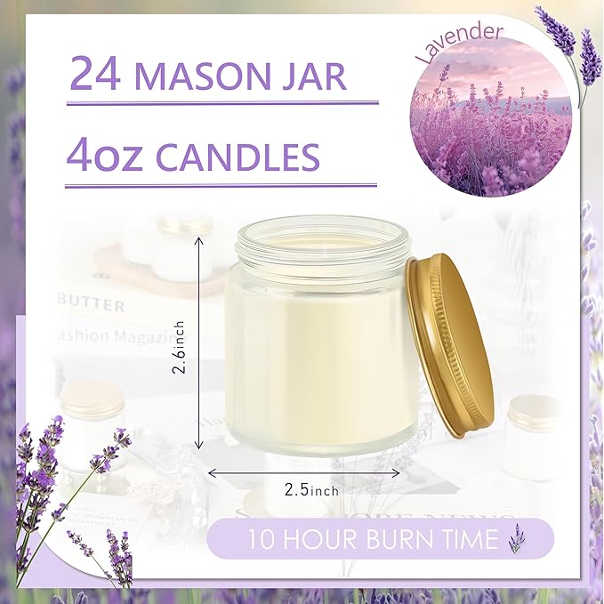 24 Pcs 4 Oz Mason Jar Candles, Lavender Scented Soy Candles Bulk Set for Stress Relief and Relaxation, Great Favors for Wedding, Christmas, Housewarming Gifts (Gold-Lavender, 24)