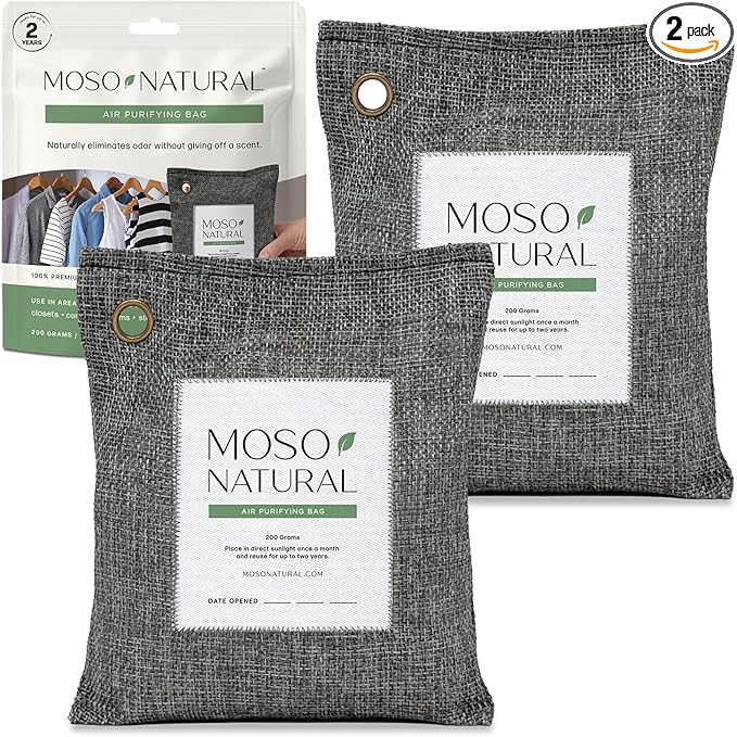 Moso Natural Air Purifying Bag 200g (2 Pack) Bamboo Charcoal Odor Absorber for Home & Car | Closet Odor Eliminator, Small Room Deodorizer & Car Air Freshener | Long Lasting Charcoal Bags Cover 90sqft