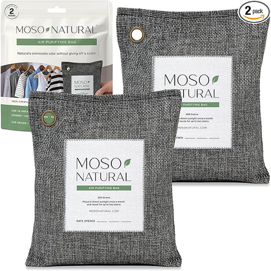 Moso Natural Air Purifying Bag 200g (2 Pack) Bamboo Charcoal Odor Absorber for Home & Car | Closet Odor Eliminator, Small Room Deodorizer & Car Air Freshener | Long Lasting Charcoal Bags Cover 90sqft