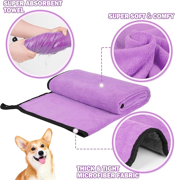 MICOOYO 3PCS Dog Towels for Drying, Super Absorbent Pet Grooming Towels, Quick Drying Dog Bath Towels for Puppy Cats (Violet, Pink, Green, S)