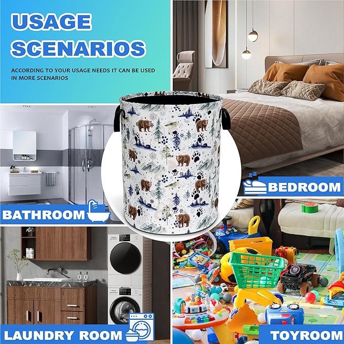 Bear Laundry Basket Oxford Cloth Bear Paw Forest Animal Laundry Hamper With Handle Foldable Portable Clothes Storage Basket 18.9 X 16.5 Inch Storage Bag For Laundry Room/Bathroom/Bedroom/Dormitories