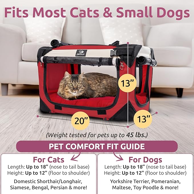 Soft-Sided Cat & Dog Pet Carrier, Medium 20"x13"x13" Fits Most Cats or Small Dog, Comfortable for Travel & Vet Visits, Privacy Windows, Removable Plush Bed, Top/Side Entry, Locking Zippers, Folds Flat