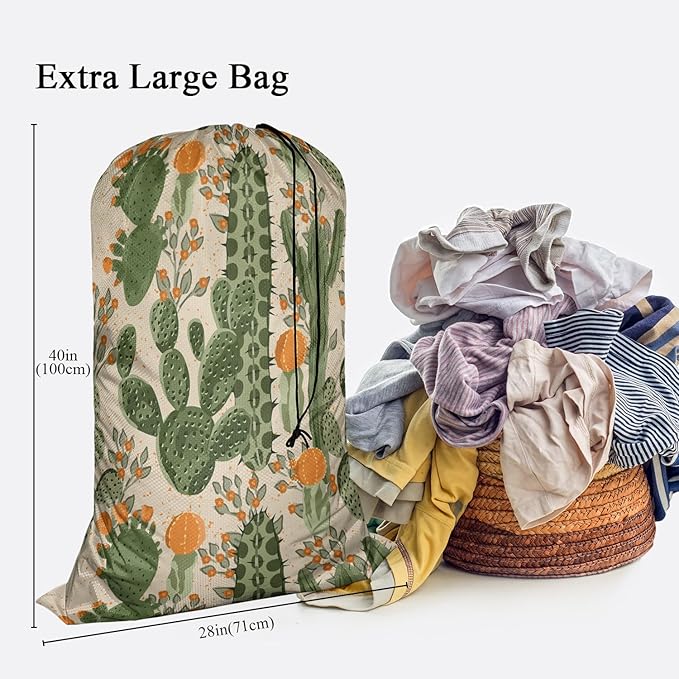 Swono Succulent Cactus Extra Large Laundry Bag with Drawstring Closure 28"x40", Retro Mexican Orange Flowers Exotic Tropical Plants for College, Dorm and Apartment Dwellers