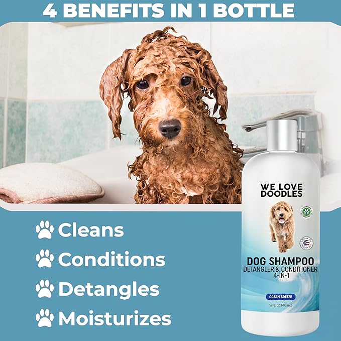 We Love Doodles Dog Shampoo, Conditioner, & Detangler - Shampoo for Dogs, Goldendoodles, Poodles & Doodles, for Matted Pet Hair & Sensitive Skin, Made in The USA, Ocean Breeze, 16 oz