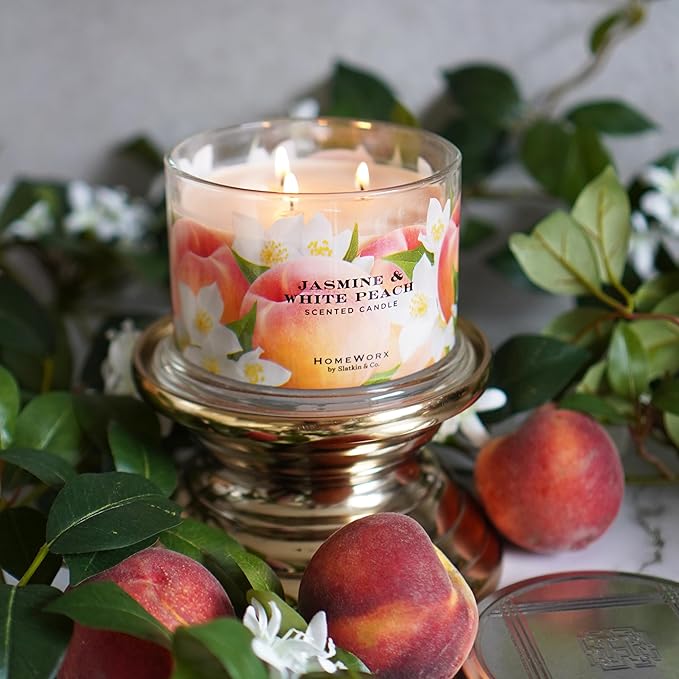 HomeWorx by SLATKIN + CO. Candle- Jasmine & White Peach, 18 oz. Premium Scented Candle - 30-55 Hours Burn Time