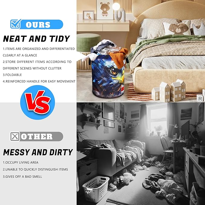 Vintage American Flag Eagle Laundry Basket Patriotic Oxford Cloth Laundry Hamper With Handle Foldable Portable Clothes Storage Basket 18.9 X 16.5 Inch Storage Bag For Laundry Room/Bathroom/Bedroom