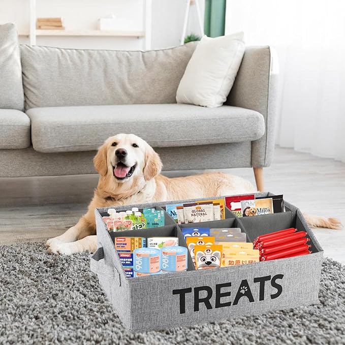 Dog Storage Organizer,Dog Treat Container Bin,Collapsible Fabric Storage Box for Pet Treats with dividers,Dog Stuff Container for Dog Treats Stick/Pet Canned Food/Packaged Snacks-Grey