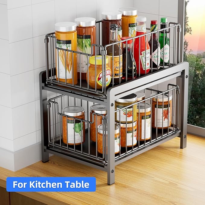 2 Tier Sliding Basket Drawer Organizer, Lxmons Pull Out Under Sink Cabinets Organizers, Metal Home Shelf for Bathroom or Kitchen, Sliding Countertop or Pantry Storage Shelf, Large Black