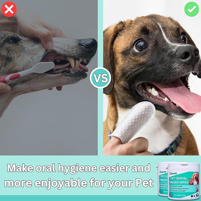 Pet Dental Finger Wipes for Dogs & Cats – Dog Tooth Wipes & Toothbrush Alternative – Easy Teeth Cleaning to Reduce Plaque, Tartar & Bad Breath – Vet-Approved Cat & Dog Oral Care (2 Pack).