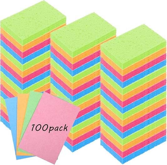 100pcs Kitchen Sponges Bulk Natural Sponges for Dishes Reusable Dish Sponge Scrub Compressed Wood Pulp Sponge Non-Scratch Cleaning Spongefor Kids DIY Kitchen Bathroom Household