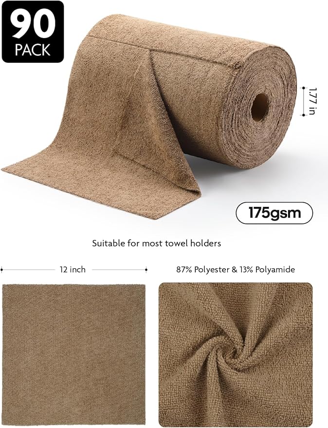 Fantasticlean Microfiber Cleaning Cloth Roll -90 Pack, Tear Away Microfiber Towels, 12" x 12", Reusable, Washable, Scratch Free, Ultra Absorbent for Car, Home Supplies, Shop (Tan)