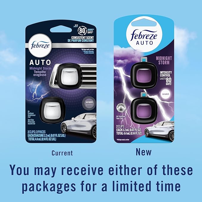 Febreze AUTO Air Freshener, Odor-Fighting Automotive Vent Clip, Midnight Storm Scent, 8 Count