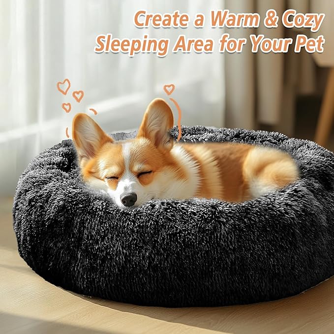 JOLLYVOGUE Small Dog & Cat Beds for Indoor Cats, Donut Cuddler Warming Soft Dog Beds with Anti-Slip Bottom, Round Calming Fluffy Plush Faux Fur Cushion Bed for Medium Dogs (31", Black)