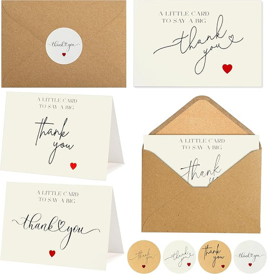 100 Bulk Thank You Cards with Kraft Envelopes and Stickers - 4 Minimalistic Designs Blank Thank You Notes with Envelopes and Heart for Business Wedding Bridal Gift Baby Shower Business Graduation