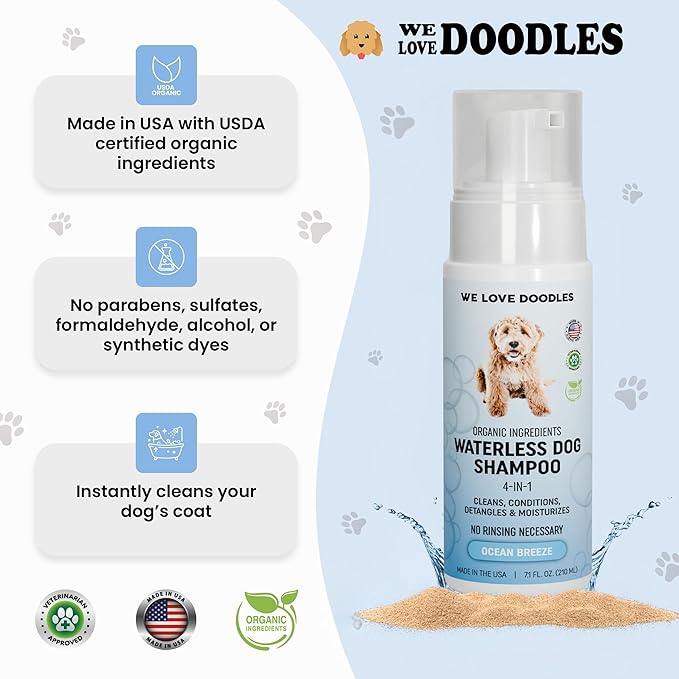 Waterless Dog Shampoo - Over 200+ Sprays Per Bottle - Cleans & Moisturizes Coat, No Rinse Dog Shampoo, Safe Foam Formula & Pet-Friendly Dog Deodorizing Spray, 7.1 oz (Ocean Breeze) [We Love Doodles]