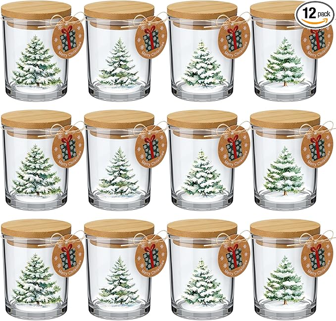 12 Pack Christmas Trees Clear Candle Jars for Making Candles 7 oz Empty Glass Jars with Wood Lids and Blessing Card Xmas Pine Candle Containers for DIY Gifts Home Tea Party Holiday Decor