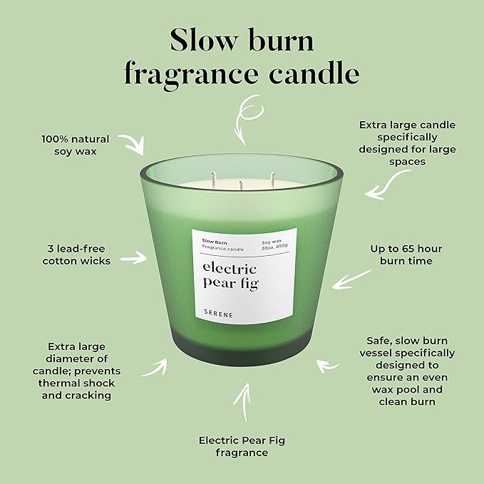 Hidden Label Large Scented Candle, Electric Pear Fig, 30oz 3 Wick Huge Candle, Serene Collection Slow Burn Natural Soy Candles for Home Scented
