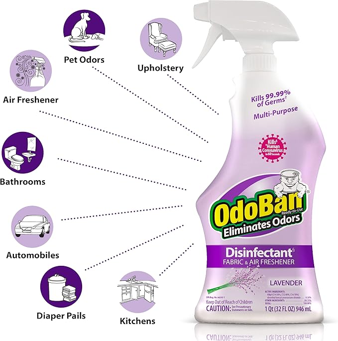 OdoBan Ready-to-Use Disinfectant and Harsh Aroma Eliminator, Cleaner and Fabric/Air Freshener, Set of 2, 14.6 Ounce 360-Degree Continuous Spray and 32 Ounce Trigger Spray, Lavender Scent