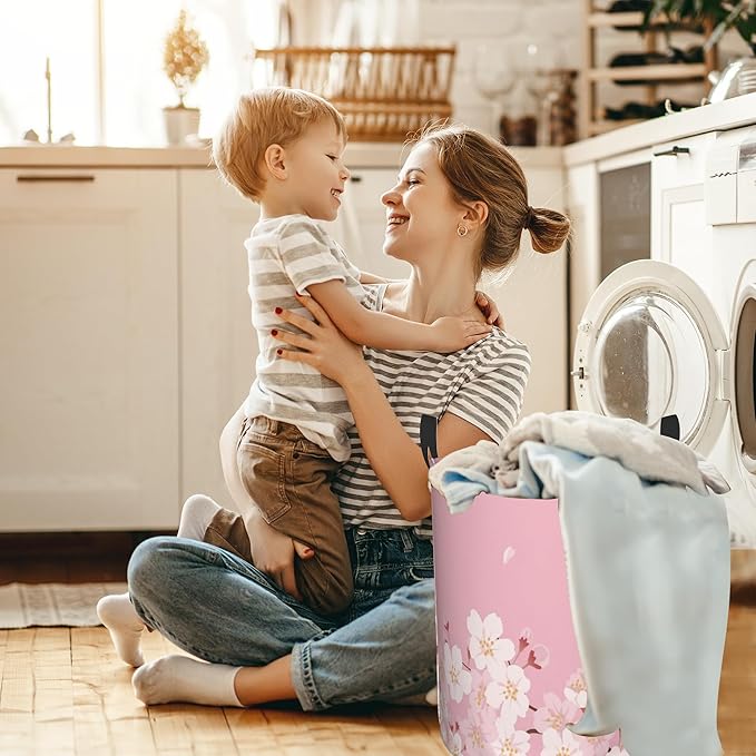 Japanese Cherry Blossom,Pink Flowers Laundry Basket,Waterproof Foldable Laundry Hamper,Dirty Clothes Laundry Basket, Linen Bin Storage Organizer for Toy Collection 16" x 20"