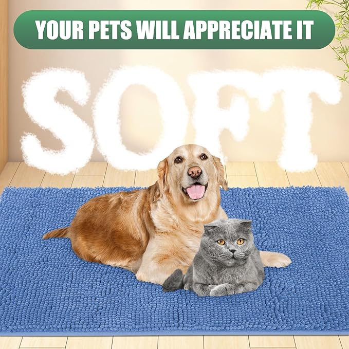 IM HOME Chenille Absorbent Outdoor Doormat 60" x 36", Washable Muddy Door Mats for Dog Non Slip Indoor Doormat Dog Mat for Muddy Paw Front Inside Doormats for Entryway Cornflower Blue