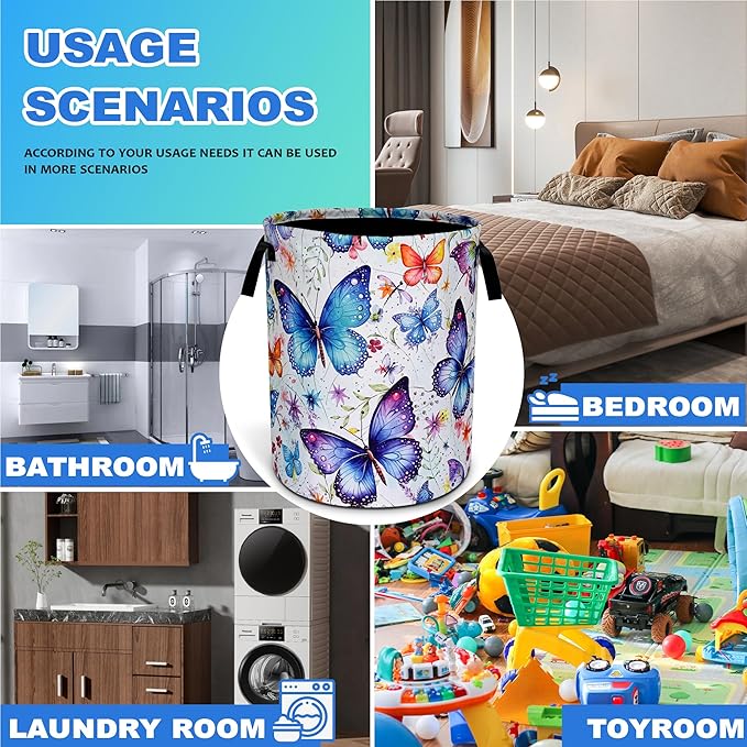 Beautiful Butterfly Laundry Basket Oxford Cloth Funny Butterflies Laundry Hamper With Handle Foldable Portable Clothes Storage Basket 18.9 X 16.5 In Storage Bag For Laundry Room/Bathroom/Bedroom