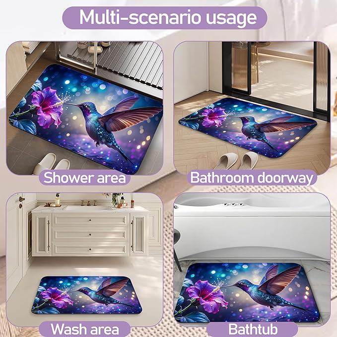 Hummingbird Fantasy Bath Mat, Water Absorbent Quick Dry Thin Bathroom Floor Mat, Rug for Bathroom Kitchen 17"x30"